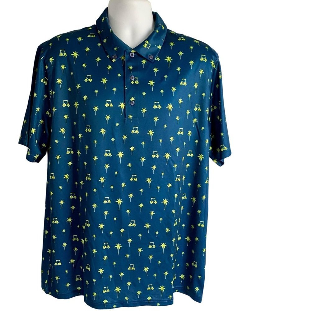 Golf America Polo Shirt Blue with Golf Carts Palm Trees Men's Large